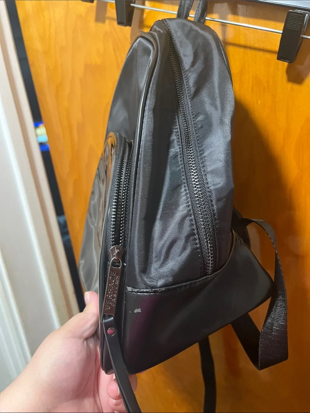 Versace Parfumes Black Patent Front Nylon Backpack